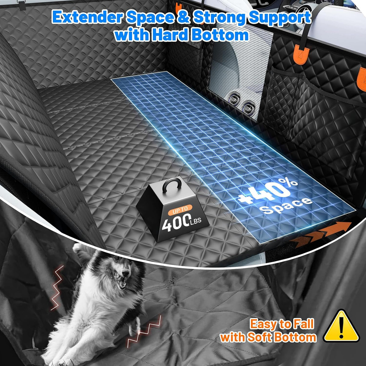 Dog Car Seat Cover for Back Seat with Hard Bottom,Waterproof Back Seat Extender for Dogs,Dog Hammock Dogs Bed for Cars, SUVs,Pet Seat Cover for Back Seat Holds 400lbs with Mesh Window & Pocket
