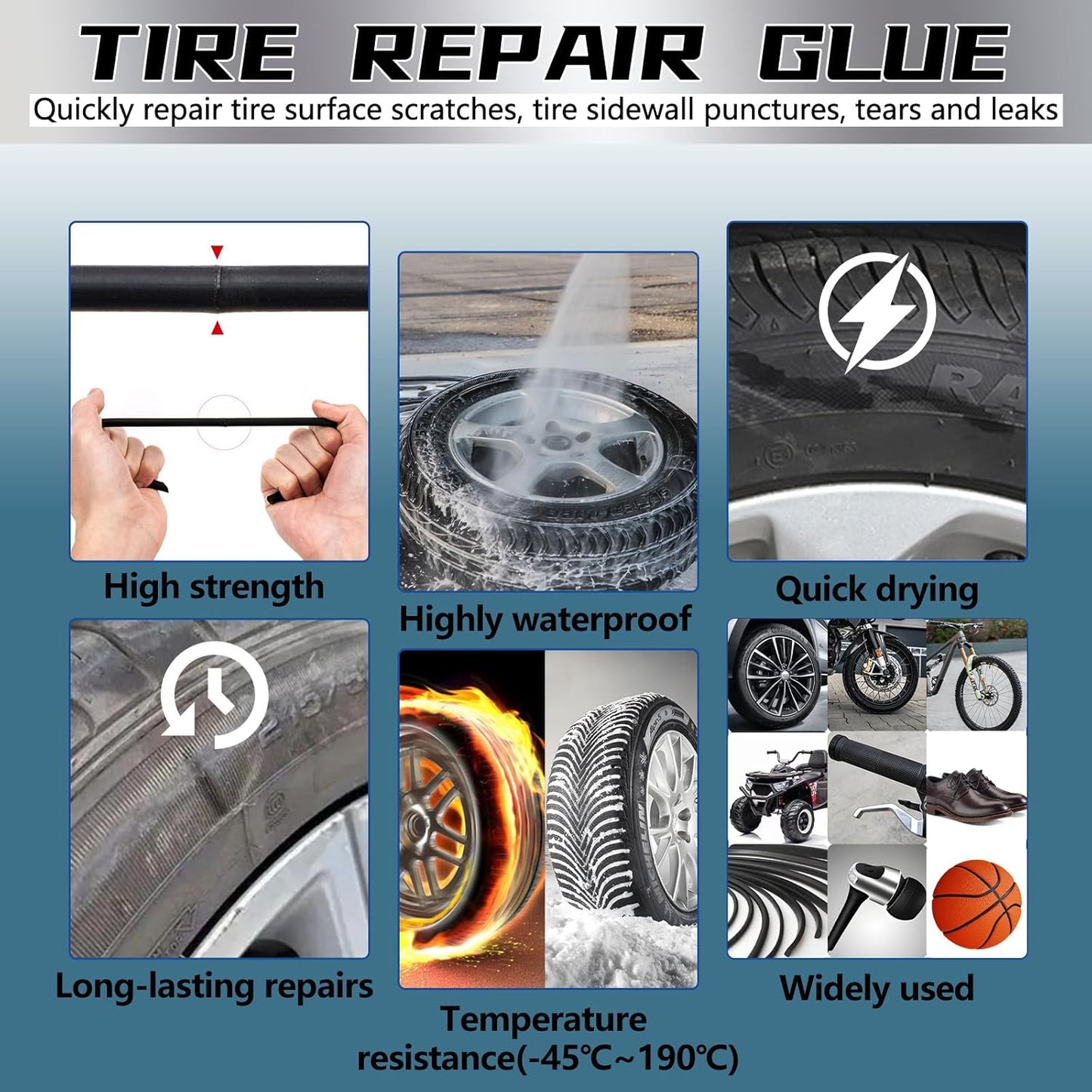 Tire Repair Glue, Rubber Cement for Sidewall Fixes, Suitable for Car, Motorcycle, Bike, Jeep, Off-Road, Truck, Tractor, 20ML, Black