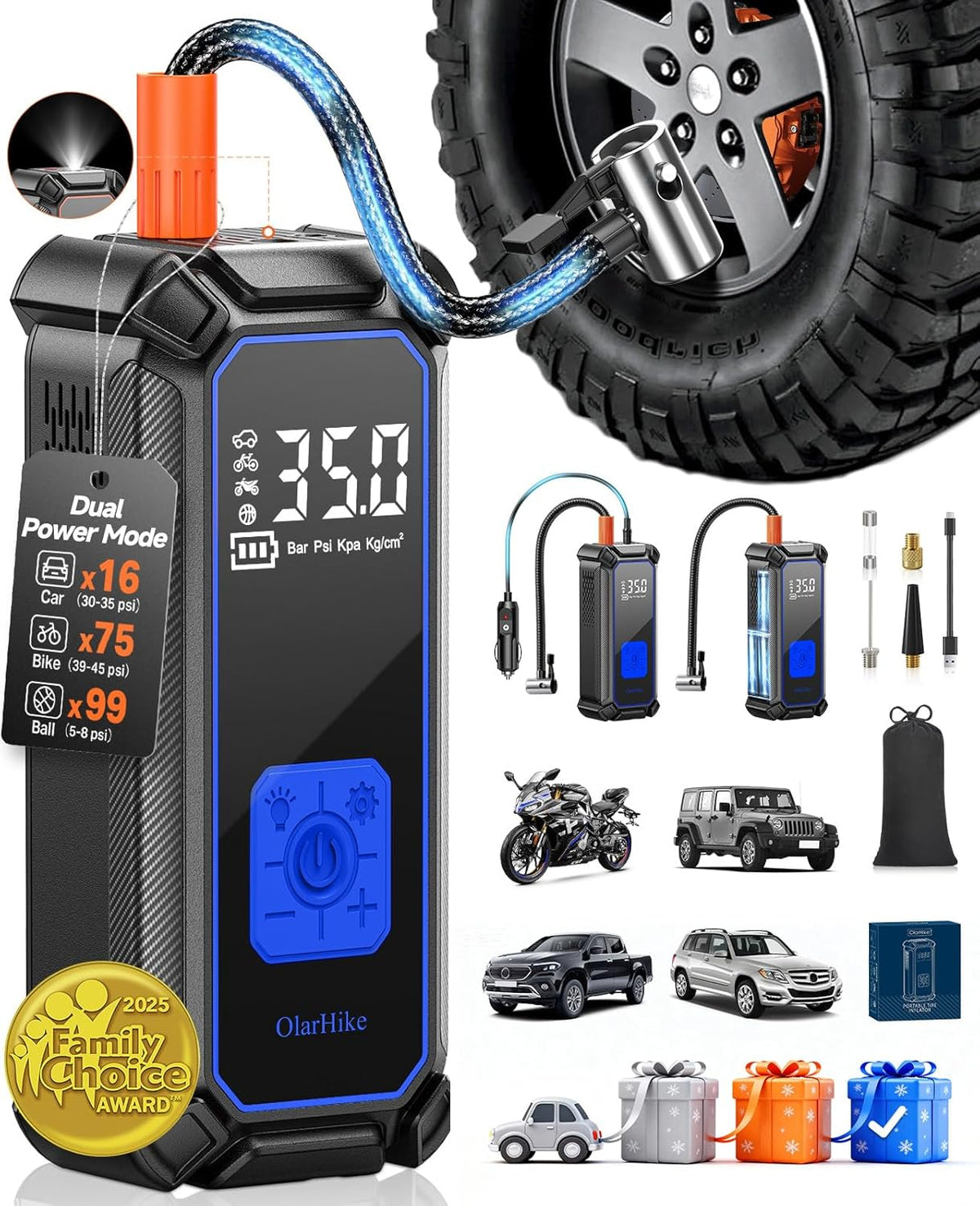 OlarHike Tire Inflator Portable Air Compressor, Lightning-Fast Inflation, Dual Power - 6000mAh & 12V DC, Cordless Air Pump for Car Tires, Bikes, Motorcycle, Balls with LED & Digital Pressure Gauge