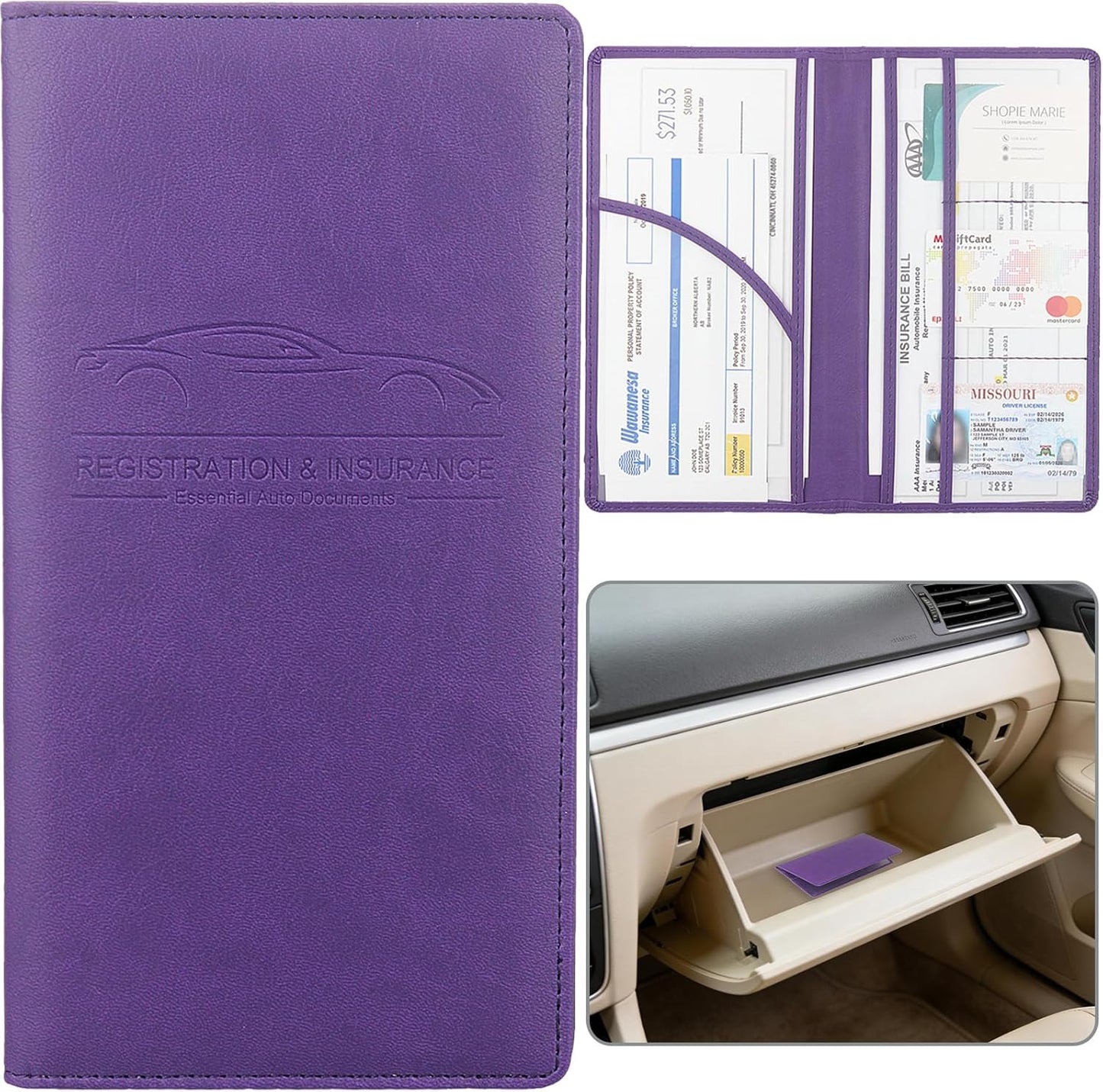 Car Registration and Insurance Holder, Premium Pu Leather Vehicle Glove Box Organizer - for Driver License, Cards & Essential Documents (L-Orange)