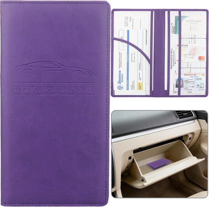 Car Registration and Insurance Holder, Premium Pu Leather Vehicle Glove Box Organizer - for Driver License, Cards & Essential Documents (L-Orange)