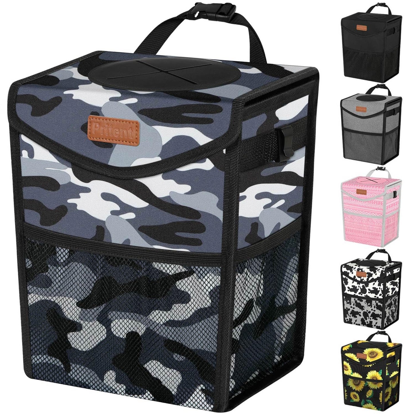Pritent Car Trash Can with Lid, Cute Leakproof Car Trash Garbage Bag Hanging Vehicle Trash Bin Small Portable Automotive Garbage Cans Organizer for Back/Front Seat/Console(Trapezoid,Black)