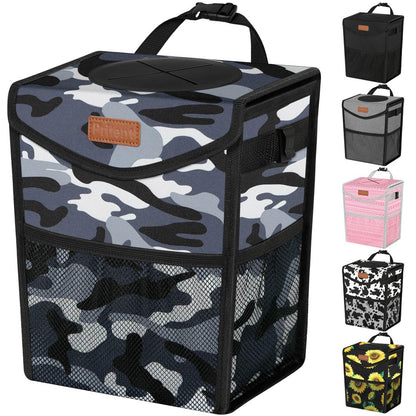 Pritent Car Trash Can with Lid, Cute Leakproof Car Trash Garbage Bag Hanging Vehicle Trash Bin Small Portable Automotive Garbage Cans Organizer for Back/Front Seat/Console(Trapezoid,Black)