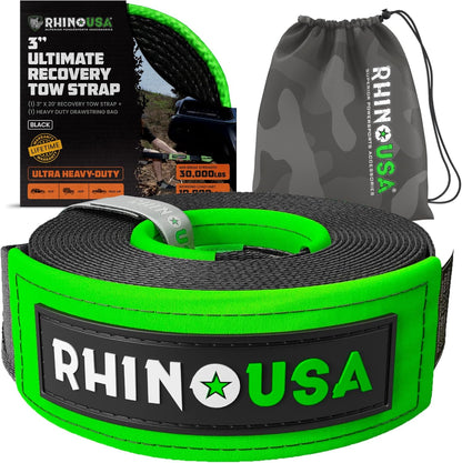 Rhino USA Recovery Tow Strap (3" x 20') - 31,518lb Break Strength - Emergency Recovery Strap Tow Rope for Truck, UTV, ATV & More - Heavy Duty Towing Strap for Offroad 4x4 Use - Compatible with Jeep