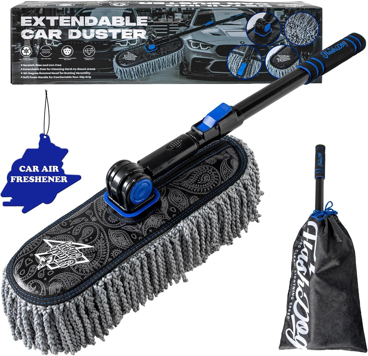 Flash Dog Car Duster Exterior with Car Duster Interior Wax Cotton Hair Scratch Free Cleaning for Cars, SUVs, Trucks | Waterless Dust Remover & Detailing Brushes Set with Storage