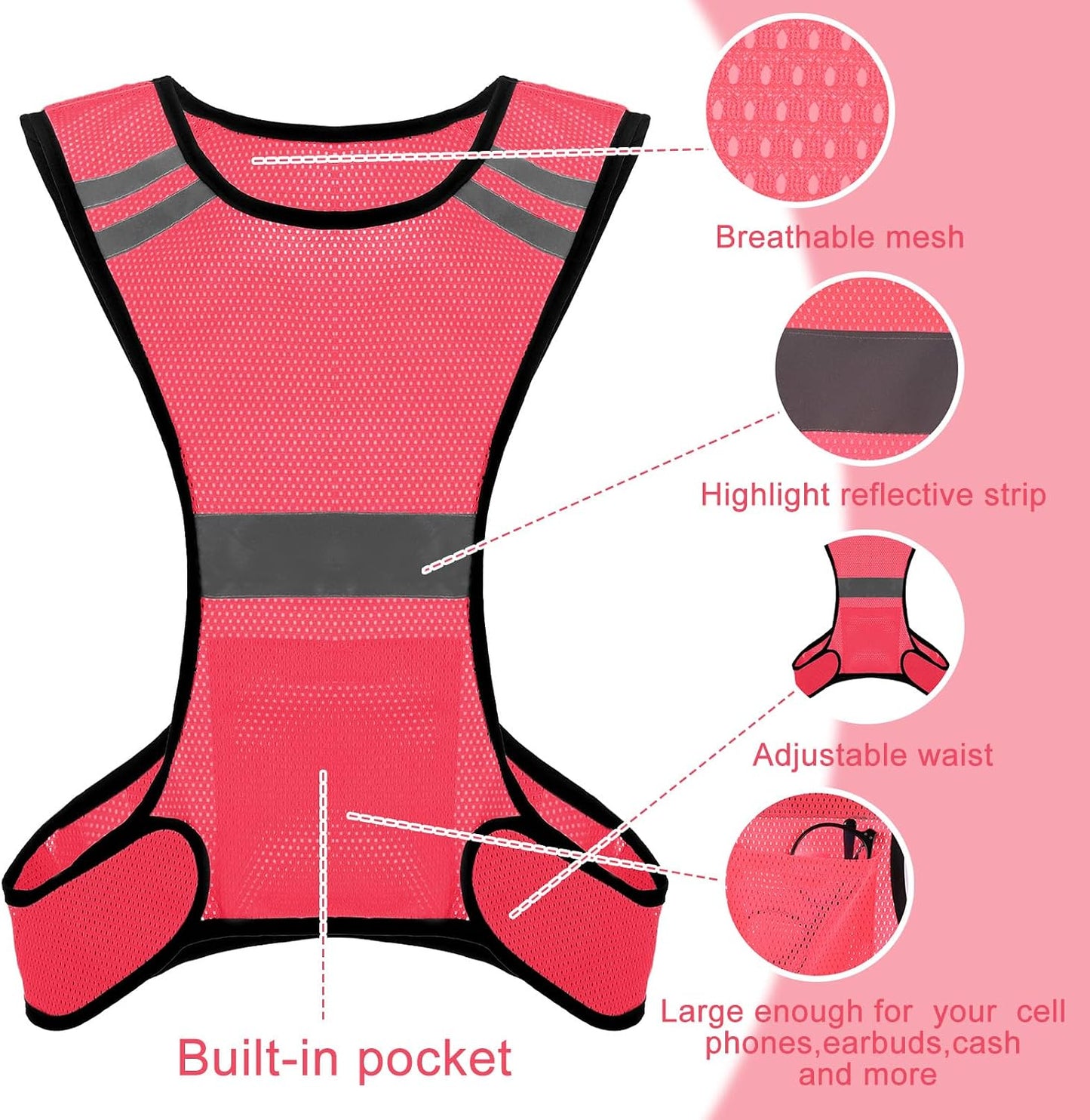 Ptwola Reflective Running Vest High Visibility Running Gear with Large Pocket Night Lightweight Reflective Safety Vest