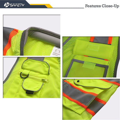JKSafety 9 Pockets Class 2 High Visibility Zipper Front Safety Vest With Reflective Strips,Meets ANSI/ISEA Standard (Large, 150-Yellow) - Colors A