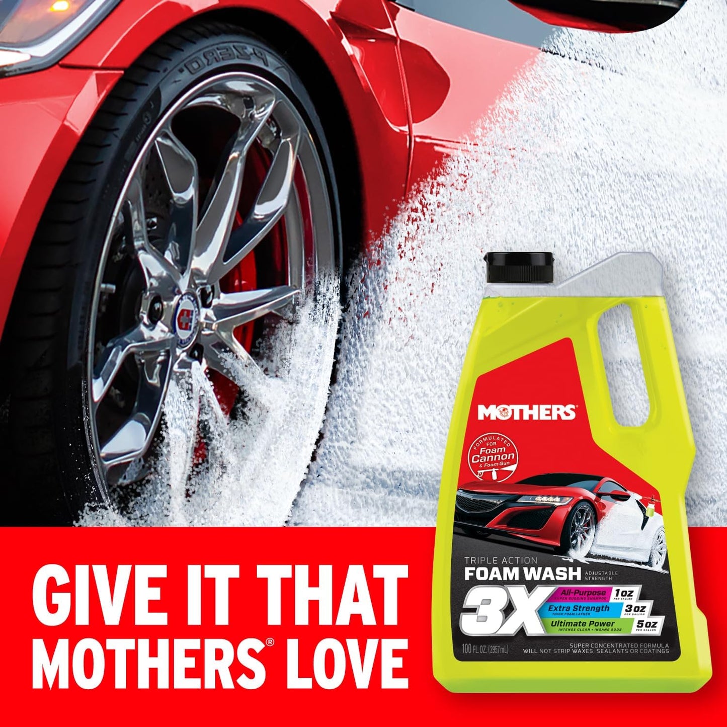 Mothers Triple Action Foam Wash, 100 oz. — pH Balanced, Eco-Friendly, Super-Sudsy, Foam Cannon, Safely Clean Without Stripping Wax, Sealant or Coating, Remove Dirt & Grime, Super Concentrated (05610)