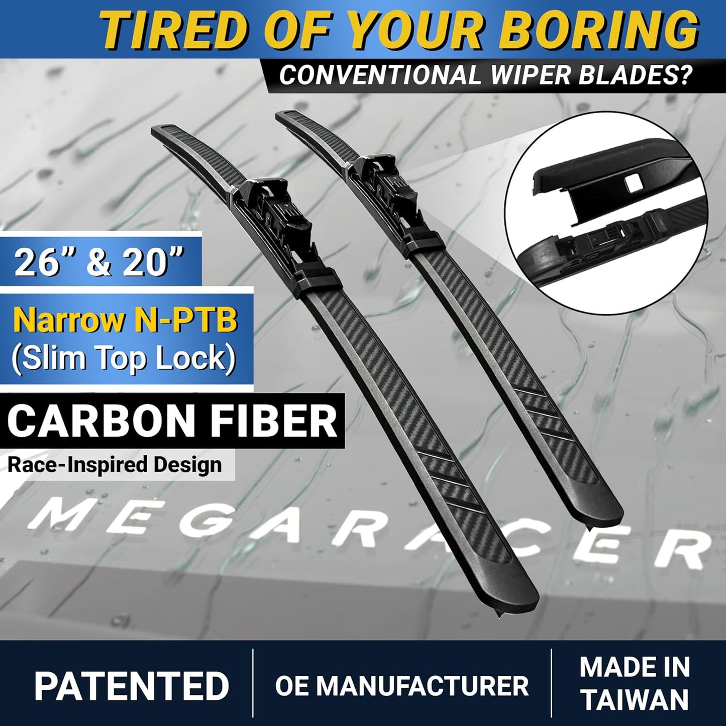 Premium Silicone Carbon Fiber Windshield Wiper Blades 22" & 20" - Patented All-Season, Quiet & Smooth Streak-Free Clean Wipe, OEM Quality, Front Automotive Replacement Wipers for Car & Truck (2 Pack)