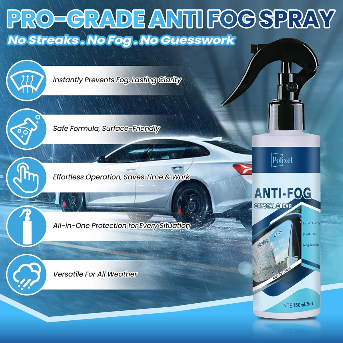 Glass Anti Fog Spray for Car Windshield - Windows Defogger Instantly Prevents Fog on Glasses, Car Windows & Mirrors - Streak-Free, Safe for All Surfaces - 5OZ/150ML