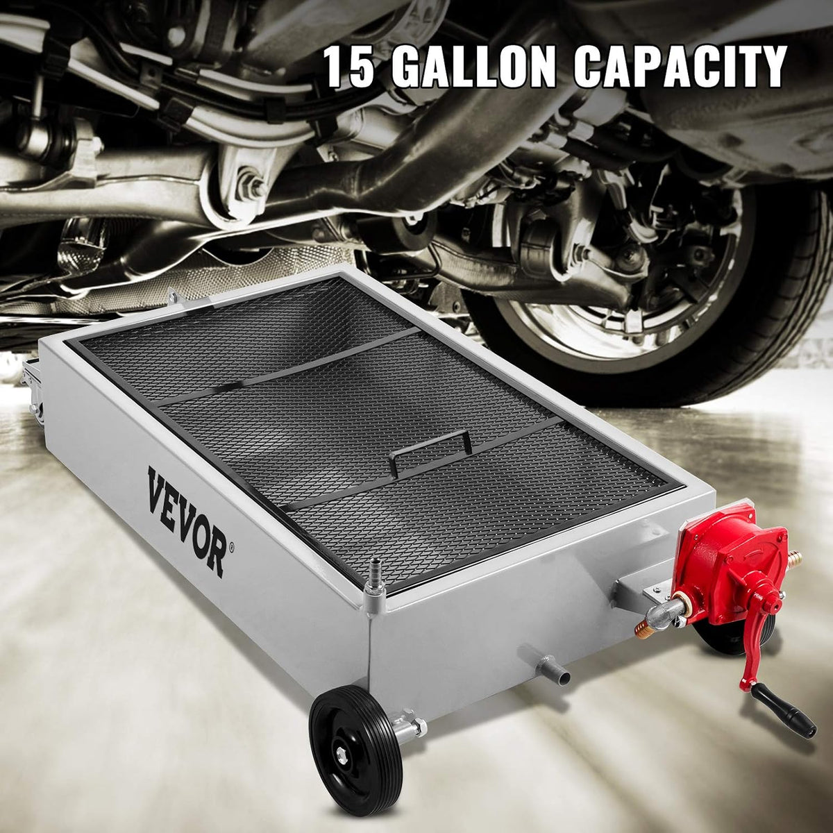 VEVOR Low Profile Oil Drain Pan, 17 Gal Capacity, Rolling Oil Drain Pan with 110V High-Flow Electric Pump, 7.2 ft Hose & T Folding Handle, Leak-proof & Corrosion-resistant, Fit for Trucks, ATVs, Black