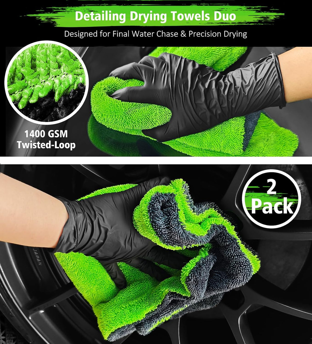 YeewayVeh 'Agile Giant' Car Drying Towel, 28x36 Inch Quick Car Wash Drying Towels, 1400 GSM Super Absorbent, Double Sided Microfiber Towels for Cars Effortless & Scratch-Free Detailing, Green