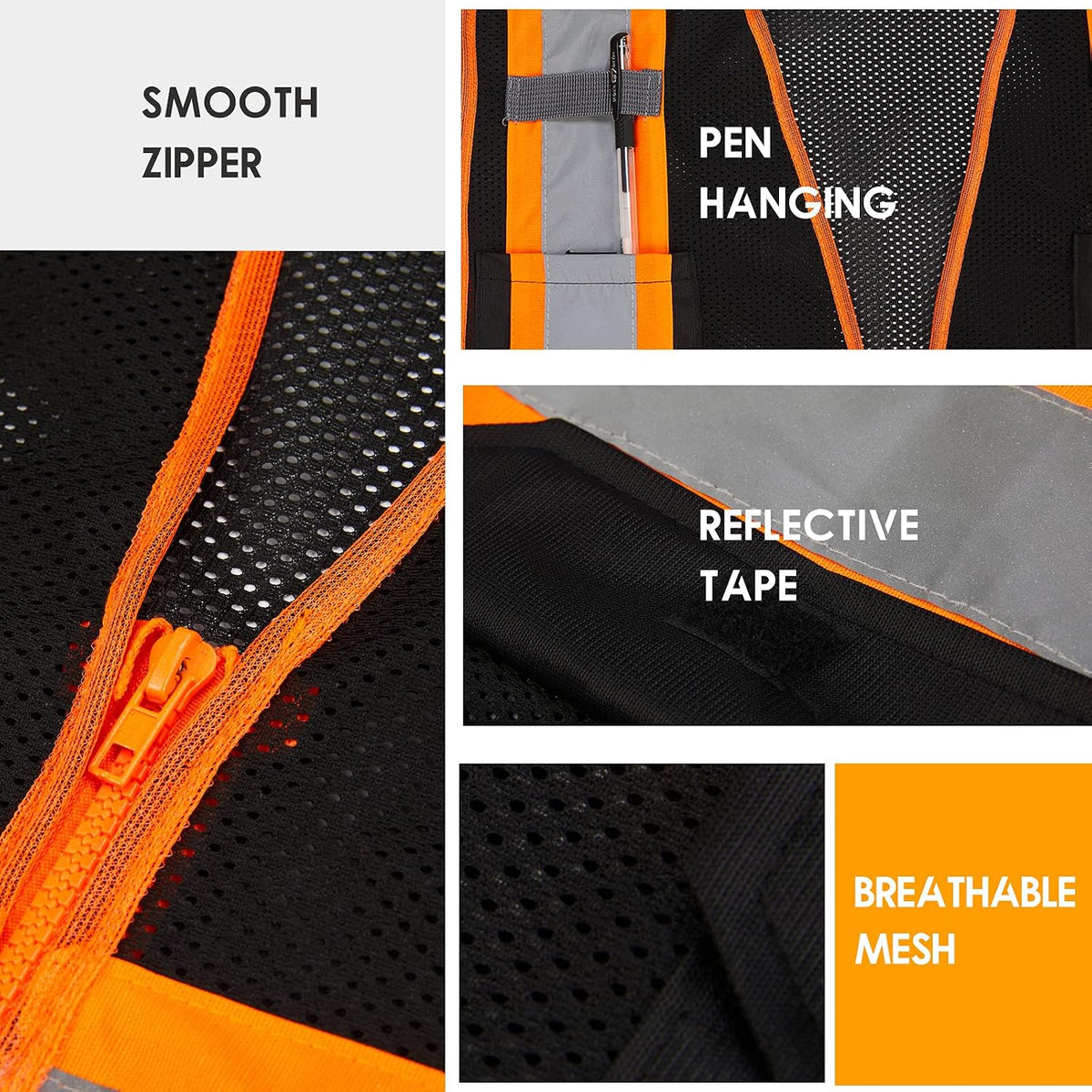 High Visibility Reflective Safety Vest with Zipper and Pockets Orange,M
