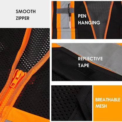 High Visibility Reflective Safety Vest with Zipper and Pockets Orange,M