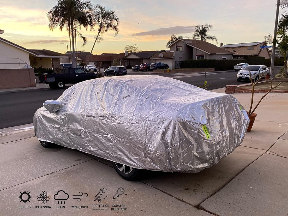 Tecoom Heavy Duty Multiple Layers Car Cover All Weather Waterproof Windproof Reflective Snow Sun Rain Protective Outdoor with Buckles and Belt Fit 191-200 Inches Sedan