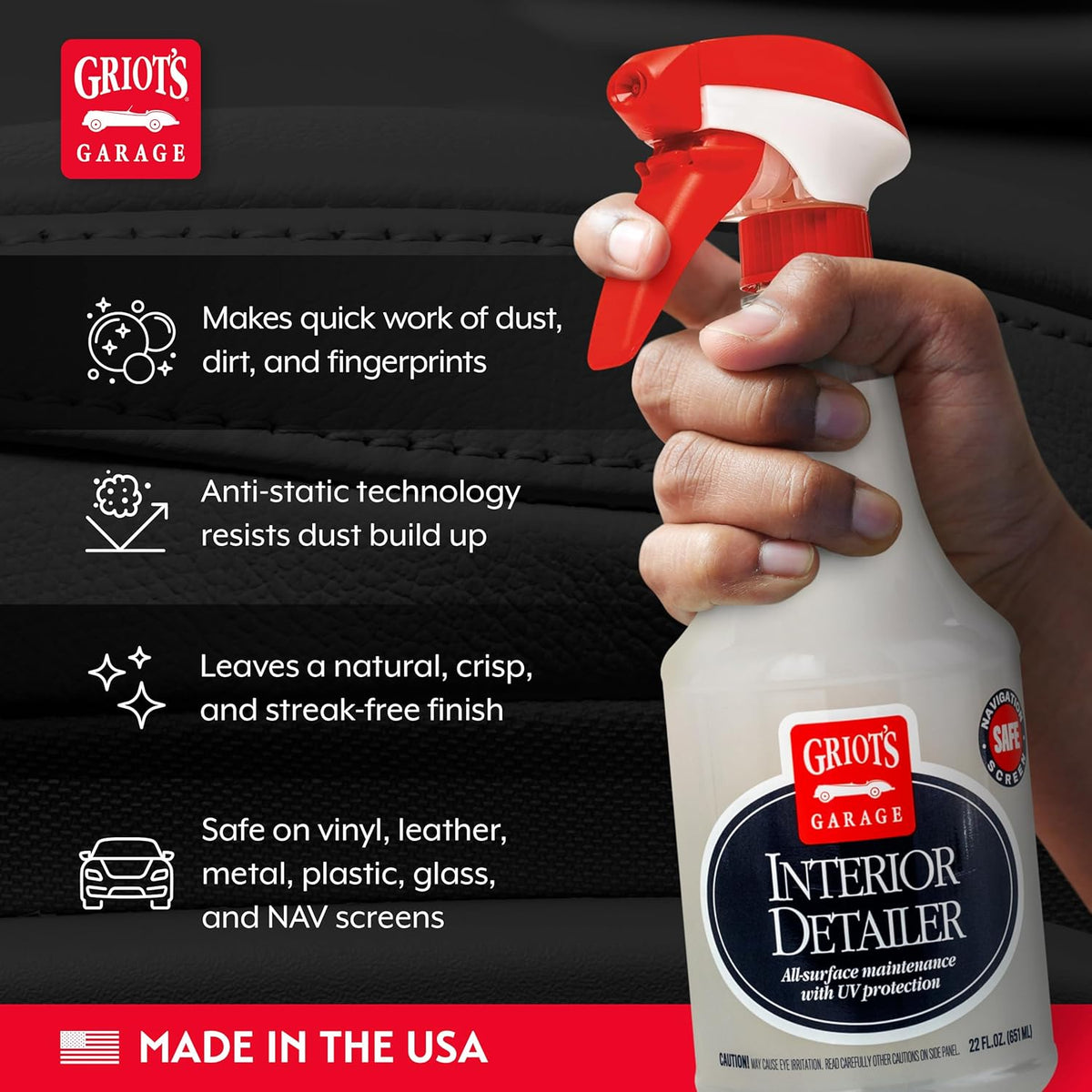 Griot's Garage Interior Detailer, Light-Duty Car Cleaner for All Surfaces, Including Vinyl, Leather, Metal, Plastic, Glass, and More, 10975, 22oz