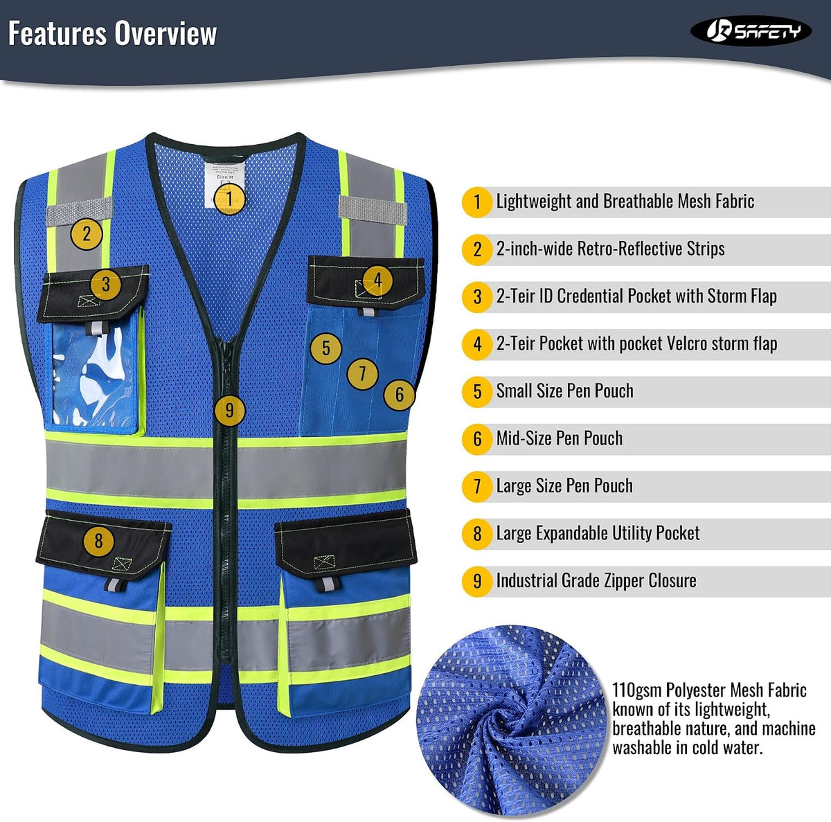 JKSafety Hi Vis Reflective Safety Vests for Men Women High Visibility Vest with Pockets Mesh Fabric Construction Safety Apparel Neon Vest for Work (220-Black L)