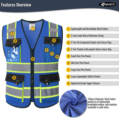 JKSafety Hi Vis Reflective Safety Vests for Men Women High Visibility Vest with Pockets Mesh Fabric Construction Safety Apparel Neon Vest for Work (220-Black L)