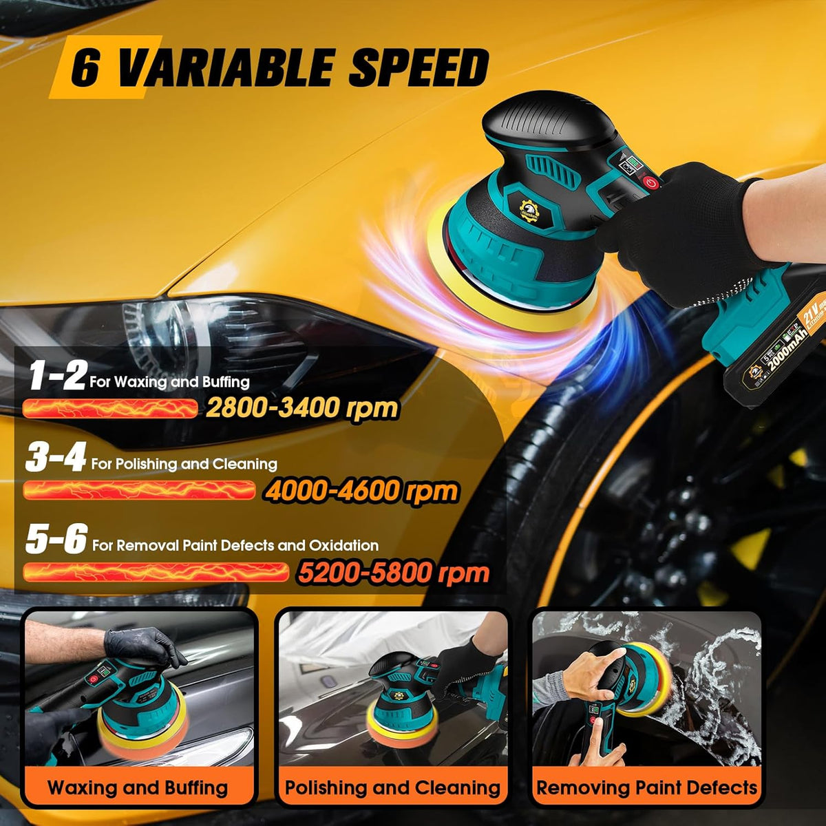 Cordless Car Buffer Polisher kit [2x 2000mAh 21V Batteries & 18 PCS Attachments] 6-Speed Orbital Design, LED Display, Lightweight Detailing Tool for Waxing, Polishing & Scratch Removal-Yellow