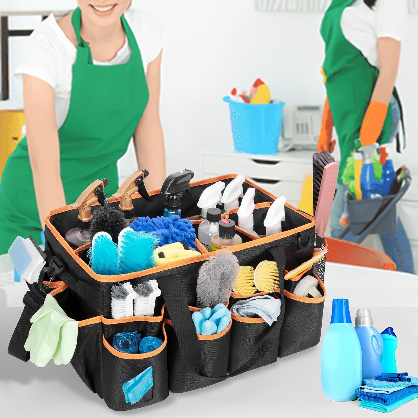 HODRANT Extra-Large Wearable Cleaning Caddy, Organizer Bag for Products, Housekeeper Tote With Pad, Handle & Divider, Car Wash Tools Bag for Detailing Supplies, Gray Edge