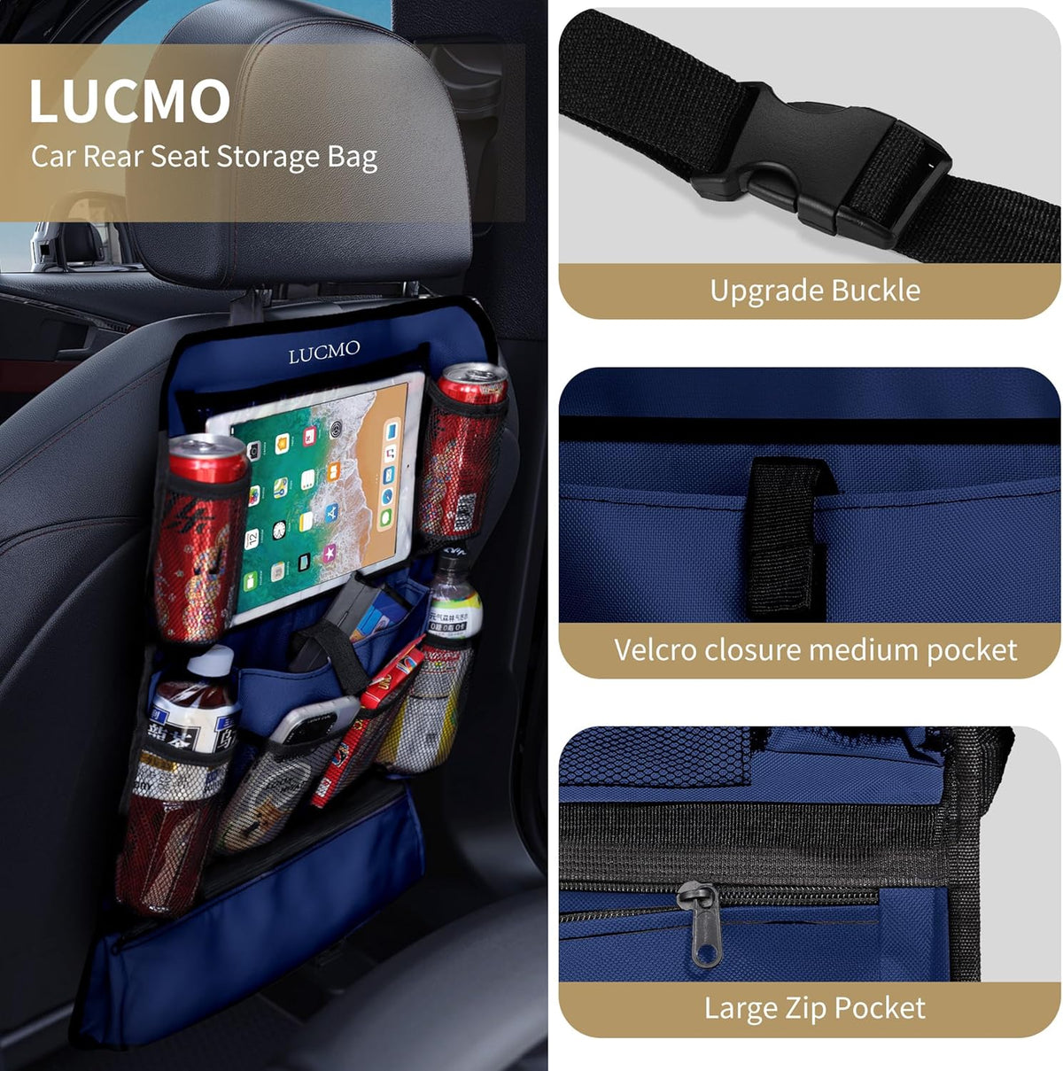 LUCMO Car Backseat Organizer with Tablet Holder,6 Storage Pockets Car Storage Organizer with Foldable Food Tray,Protectors Kick Mats Travel Accessories-Black