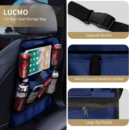 LUCMO Car Backseat Organizer with Tablet Holder,6 Storage Pockets Car Storage Organizer with Foldable Food Tray,Protectors Kick Mats Travel Accessories-Black