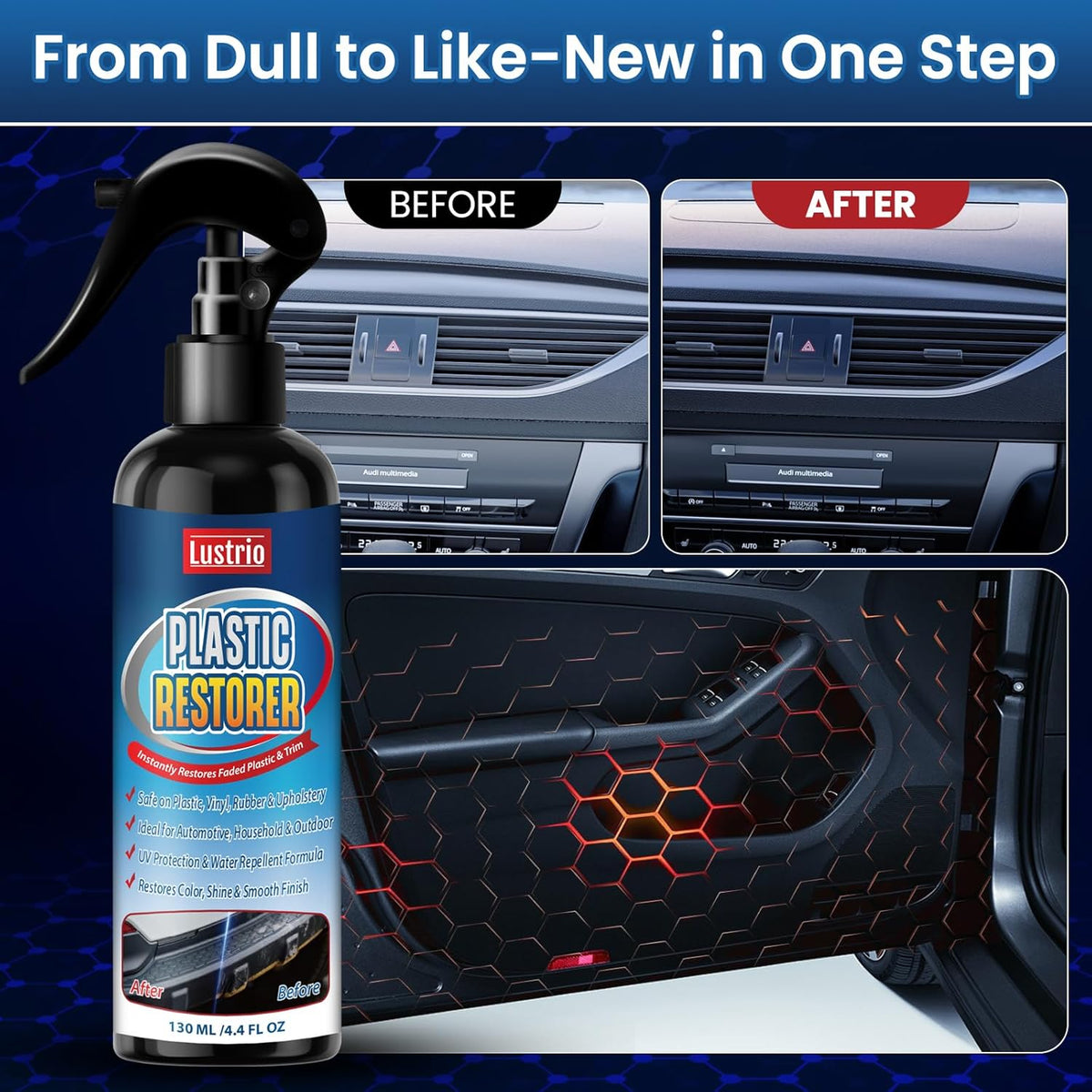 Black Trim & Plastic Restorer for Cars – Restores Faded Bumpers, Rubber & Vinyl – Long-Lasting UV Protection, No Oily Residue – Complete Kit with Foam Applicator & Towel (4.4oz/130ml)