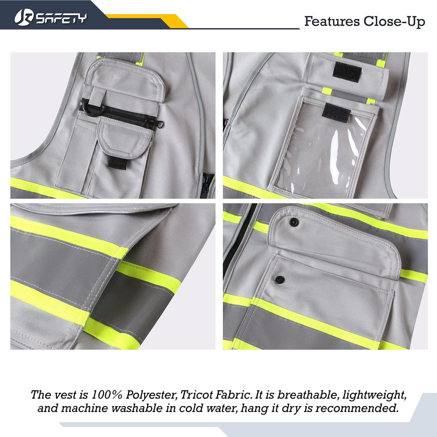 JKSafety 9 Pockets Class 2 High Visibility Zipper Front Safety Vest With Reflective Strips,Meets ANSI/ISEA Standard (Large, 150-Yellow) - Colors B
