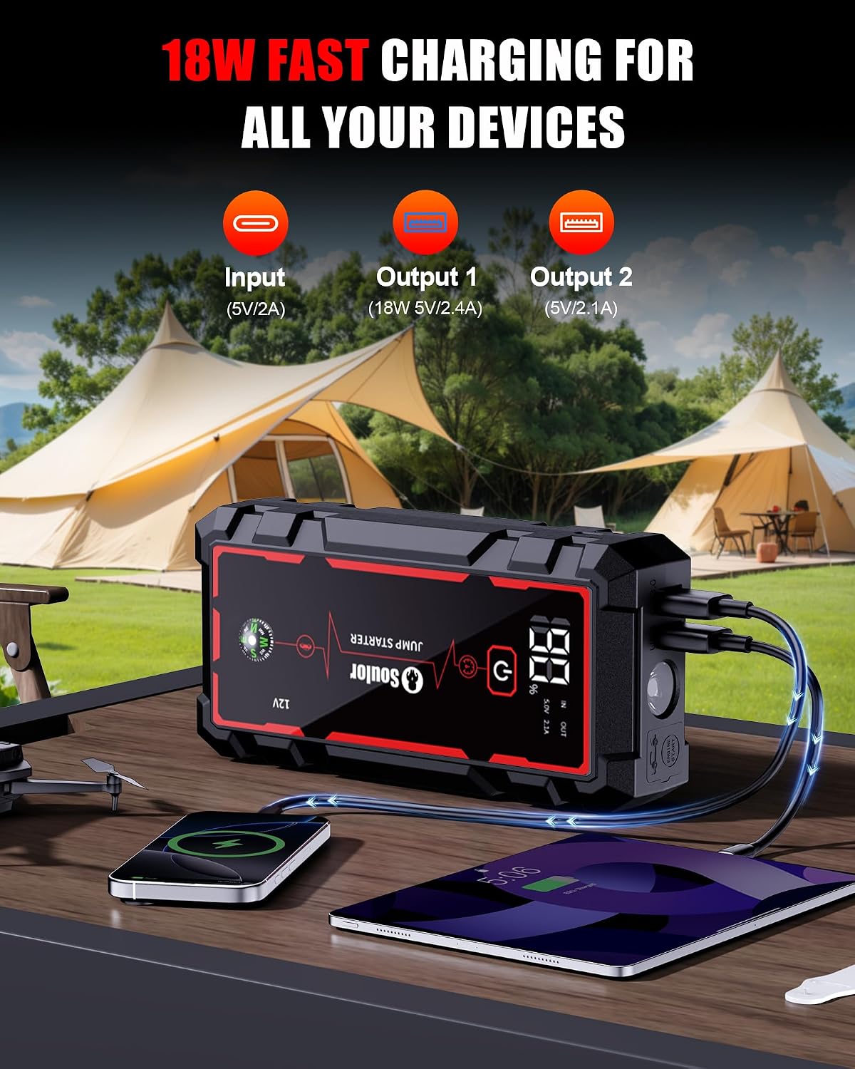 Jump Starter, Battery Jumper Starter Portable, Car Battery Jump Starter with 3 Modes Flashlight, Compass, Power Bank and Jumper Cable