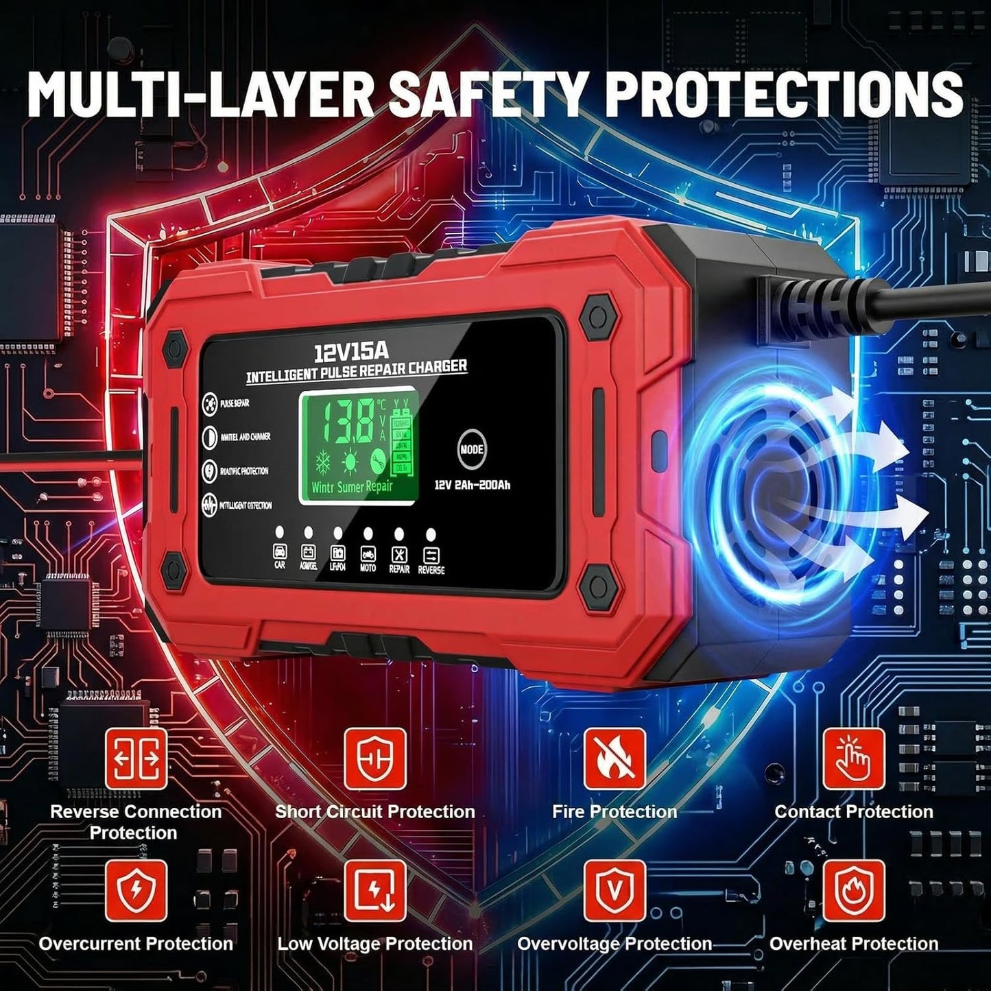 Battery Charger 15A 12V Fully Automatic Smart Trickle Car Battery Charger Maintainer with LCD Display & Temperature Compensation for Car Truck Motorcycle Lawn Mower Boat