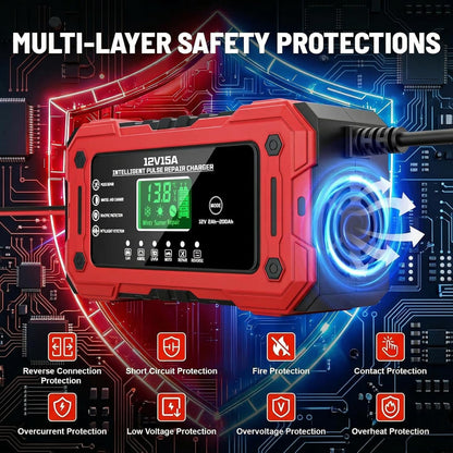 Battery Charger 15A 12V Fully Automatic Smart Trickle Car Battery Charger Maintainer with LCD Display & Temperature Compensation for Car Truck Motorcycle Lawn Mower Boat