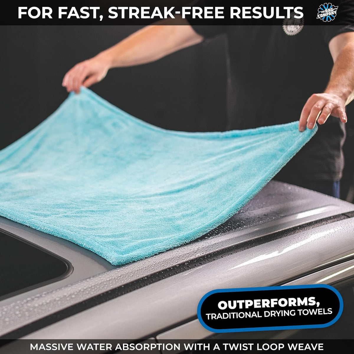 The Rag Company, The Liquid8r, Absorbent 70/30 Blend Microfiber Drying Towel for Cars, Trucks, and SUVs, Safe for Detailing, Scratch-Free, Twist Loop, 1100 GSM, 20x24 Inches, Aqua Blue/Grey