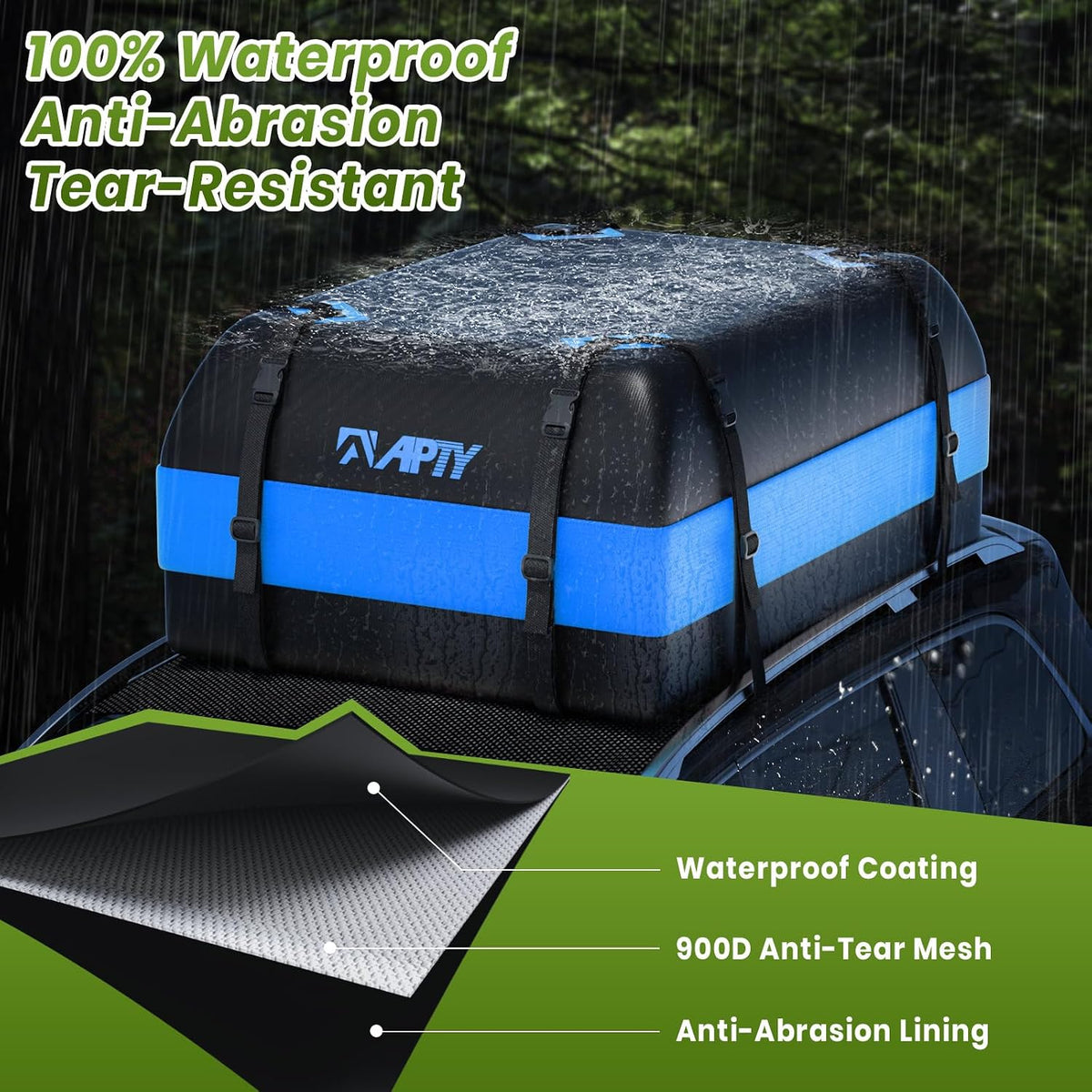 APTY 21 Cubic Feet Car Rooftop Cargo Bag Carrier, Soft Roof Top Luggage Bag for All Vechicles with/Without Racks - with Waterproof Zip, Luggage Lock, Anti-Slip Mat, Storage Bag, Door Hooks, Blue
