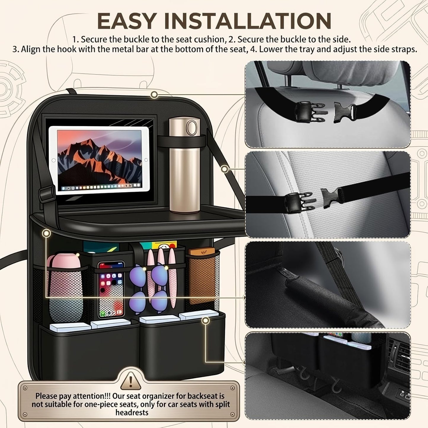 2026 New Backseat Car Organizer,Multifunctional Back Seat Car Organizer with Foldable Table Trays,Hanging Cars Seats Backs Organizers as Kick Mats Back Seat Protector