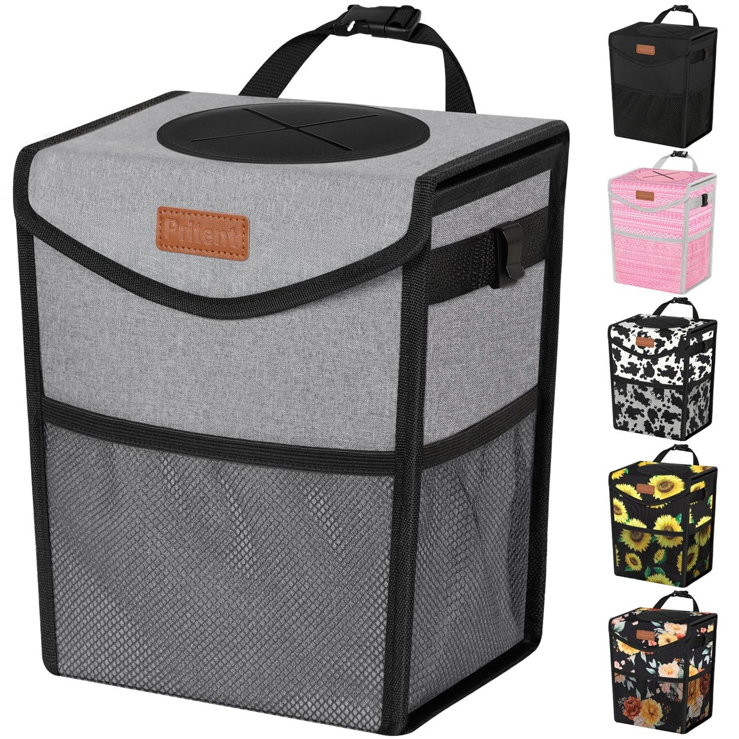 Pritent Car Trash Can with Lid, Cute Leakproof Car Trash Garbage Bag Hanging Vehicle Trash Bin Small Portable Automotive Garbage Cans Organizer for Back/Front Seat/Console(Trapezoid,Black)