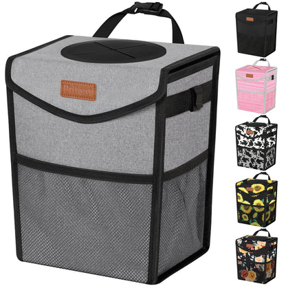 Pritent Car Trash Can with Lid, Cute Leakproof Car Trash Garbage Bag Hanging Vehicle Trash Bin Small Portable Automotive Garbage Cans Organizer for Back/Front Seat/Console(Trapezoid,Black)