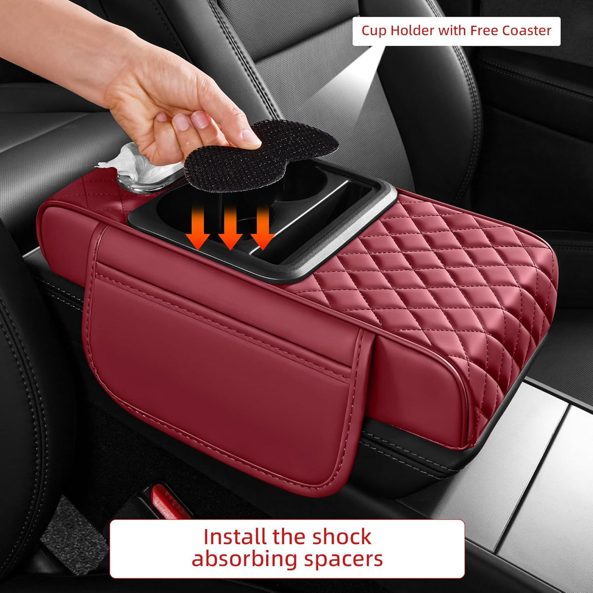 5 in 1 Car Center Console Cover, Armrest Pad with 2 Storage Pockets, Cup Holder, Tissue Slot, Phone Holder, Nappa Leather Memory Foam Car Accessories for SUV Sedan Truck (Black)