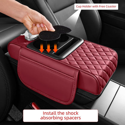 5 in 1 Car Center Console Cover, Armrest Pad with 2 Storage Pockets, Cup Holder, Tissue Slot, Phone Holder, Nappa Leather Memory Foam Car Accessories for SUV Sedan Truck (Black)