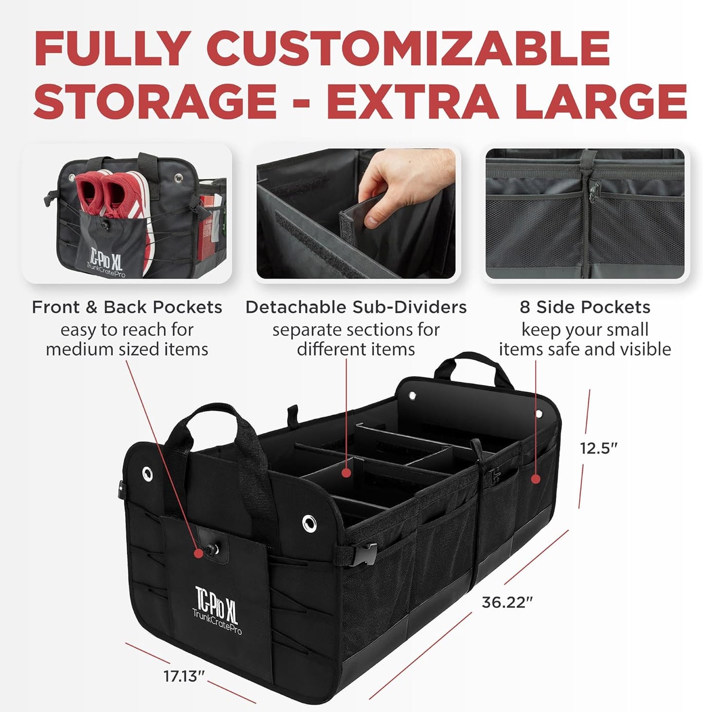 TRUNKCRATEPRO Trunk Organizer For Car, Suv, Truck | Premium Adjustable Multi Compartments Collapsible Car Trunk Organizer With Securing Straps & Non-Slip Bottom (Large Size, Black)
