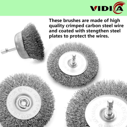 VIDICA Wire Brush for Drill Set 9Pcs,Abrasive Wire Wheel for 1/4 Inch Hex Shank, Wire Cup Brush for Drill, Coarse Crimped Carbon Steel Wire Brush Set for Removing Paint and Rust