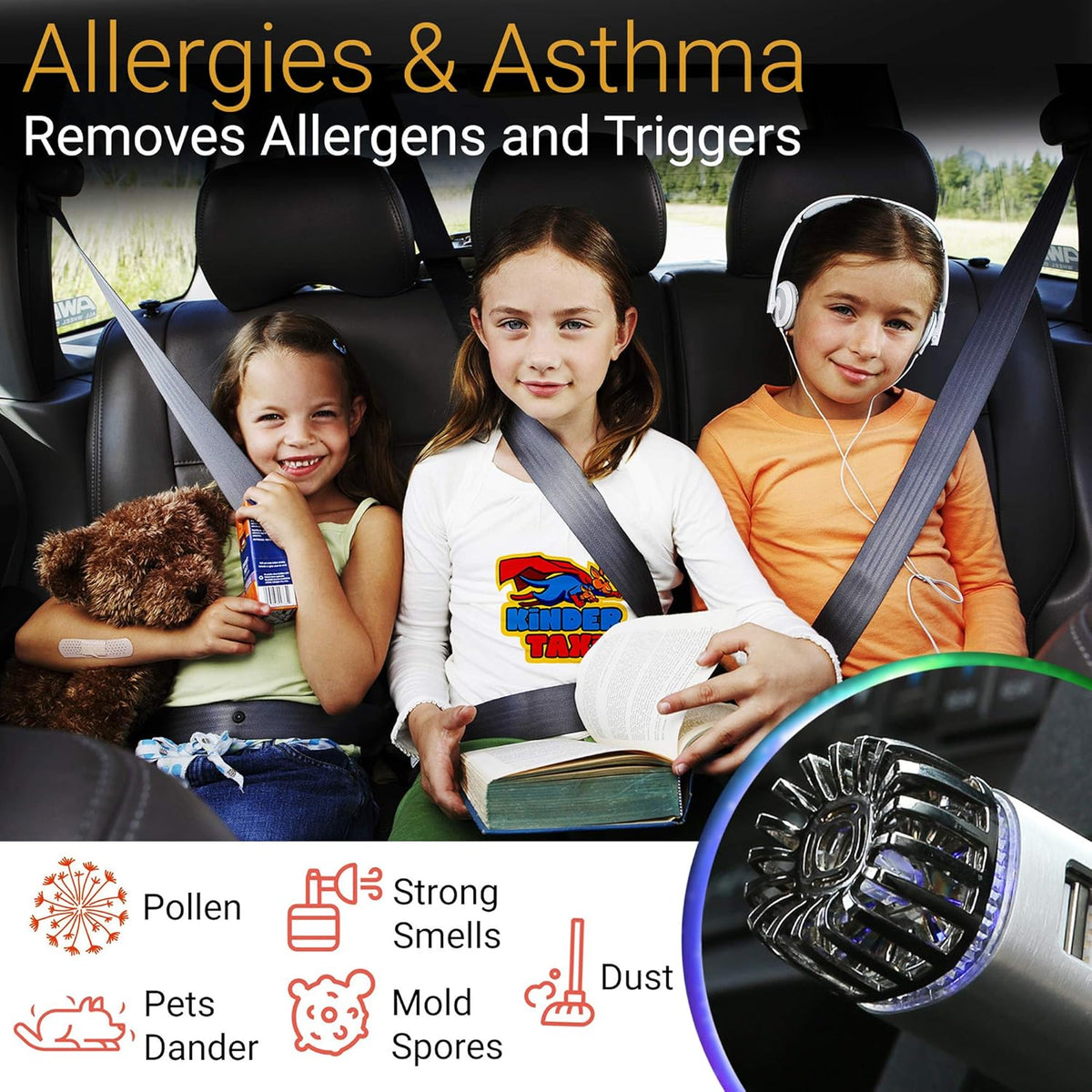 Car Air Purifier Ionizer - 12V Plug-in Ionic Anti-Microbial Car Deodorizer with Dual USB Charger - Smoke Smell, Pet and Food Odors, Allergens, Viruses Eliminator for Car (Matte Black)