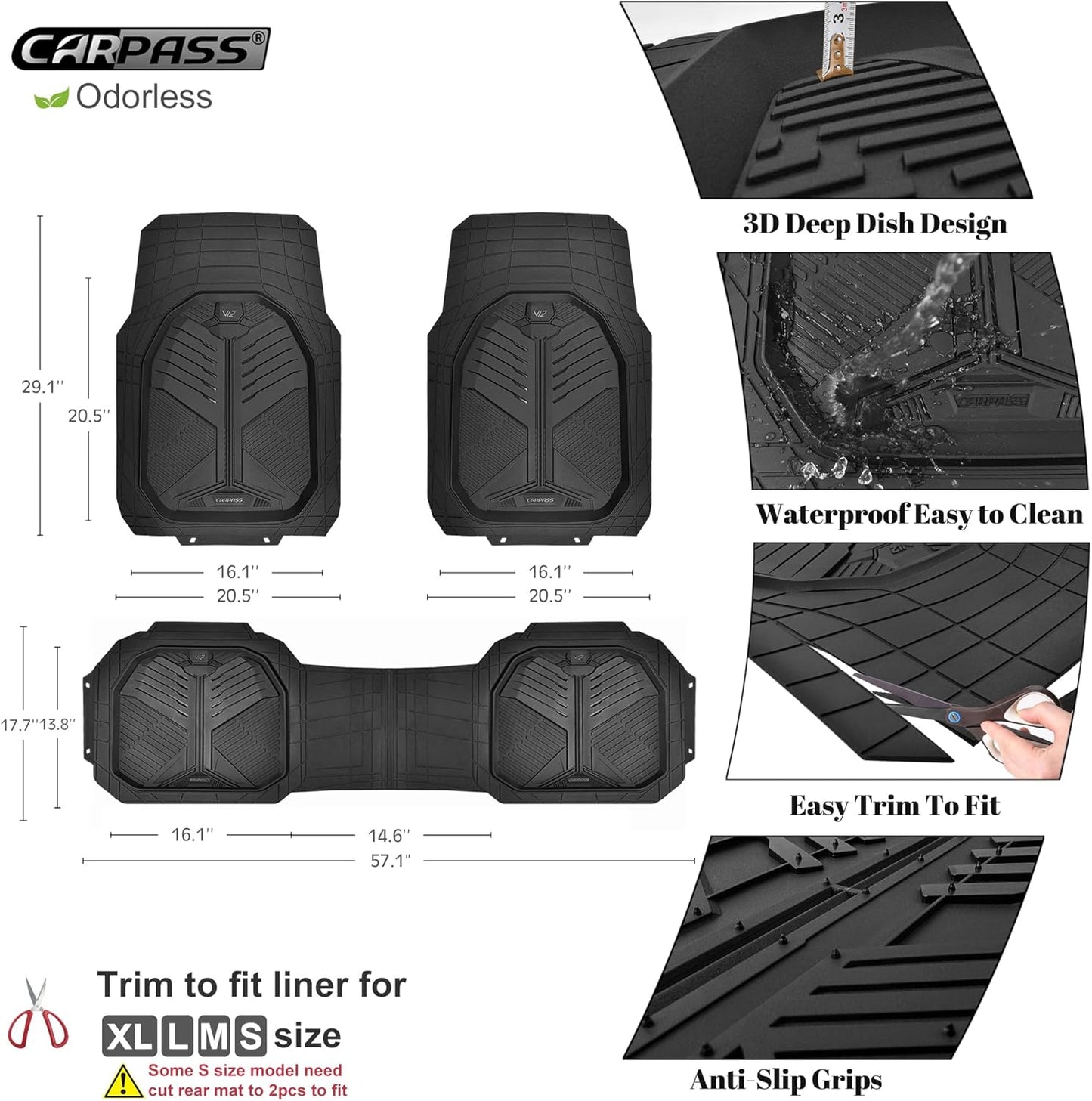 CAR PASS Heavy Duty Rubber Car Mats with Cargo Liner, Deep-Dish Car Floor Mats and Trunk Mat All Weather, Universal Trim-to-Fit for SUVs Trucks Sedans, Waterproof Anti-Slip, Trimmable V12 Black