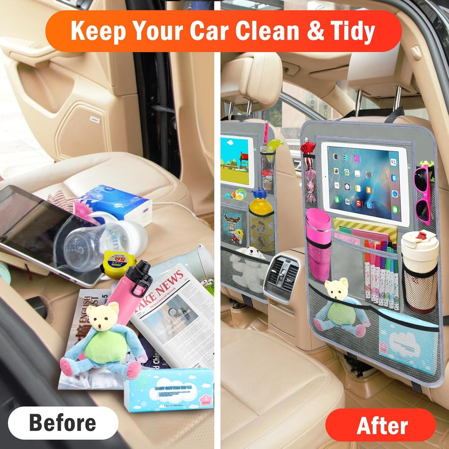 2Pack Car Backseat Organizer with Foldable Table Tray,6 Storage Pockets Car Storage Organizer with Tablet Holder,Car Seat Back Protectors Kick Mats Travel Accessories (Black)