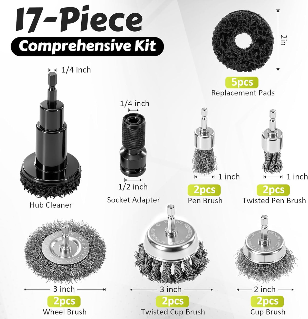 ACOCO Wheel Hub Cleaning Tool and Wire Brush Set, 1/4" Hex Shank Brake Rotor Resurfacing Kit with 10 Drill Brushes & 5 Polishing Pads for Lug Studs, Calipers and Automotive Rust Removal