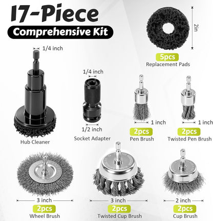 ACOCO Wheel Hub Cleaning Tool and Wire Brush Set, 1/4" Hex Shank Brake Rotor Resurfacing Kit with 10 Drill Brushes & 5 Polishing Pads for Lug Studs, Calipers and Automotive Rust Removal