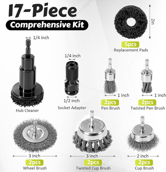 ACOCO Wheel Hub Cleaning Tool and Wire Brush Set, 1/4" Hex Shank Brake Rotor Resurfacing Kit with 10 Drill Brushes & 5 Polishing Pads for Lug Studs, Calipers and Automotive Rust Removal