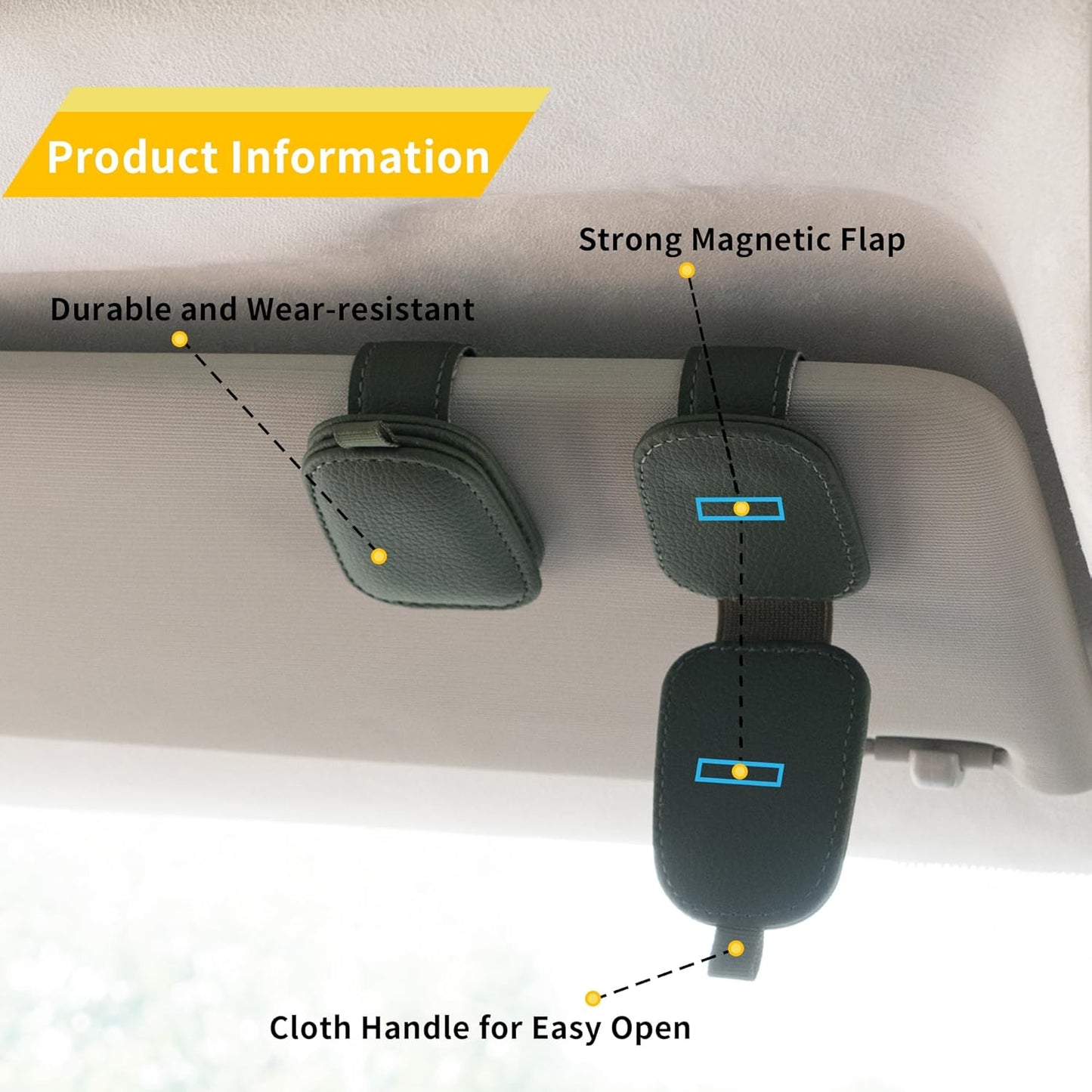 Yuoyar Magnetic Leather Sunglasses Holder for Car, 2 Packs (Black) | Magnetic Car Visor Accessories