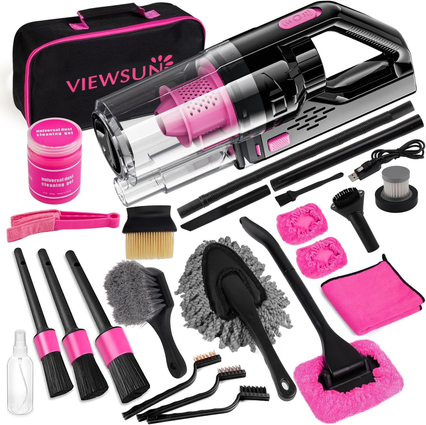 17pcs Car Cleaning Kit, Pink Car Interior Detailing Kit with High Power Handheld Vacuum, Detailing Brush Set, Windshield Cleaner, Cleaning Gel, Complete Auto Accessories for Women Gift