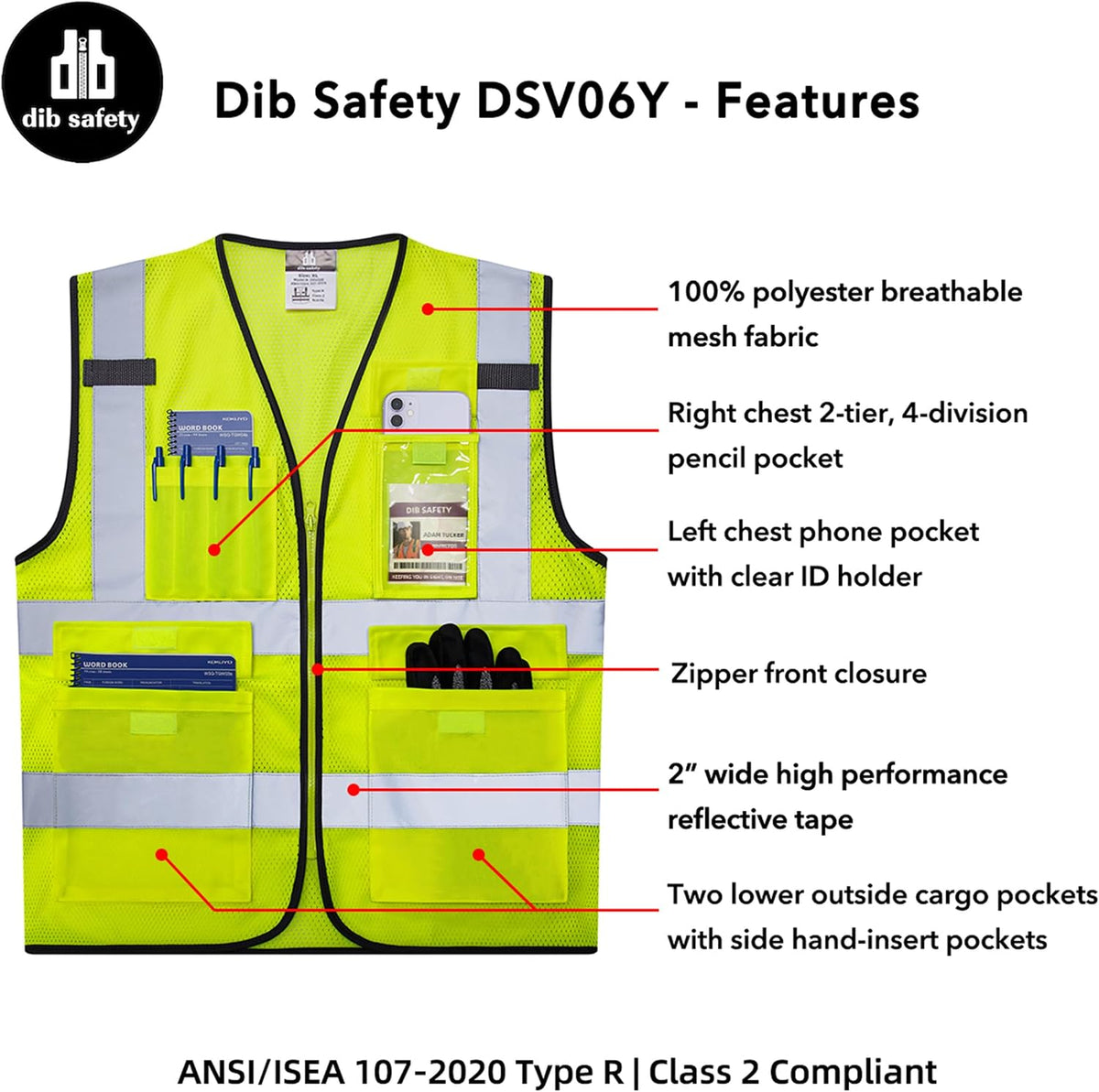 Dib Safety Reflective Safety Vest for Men Women, High Visibility Vest with Pockets and Zipper, ANSI Class 2