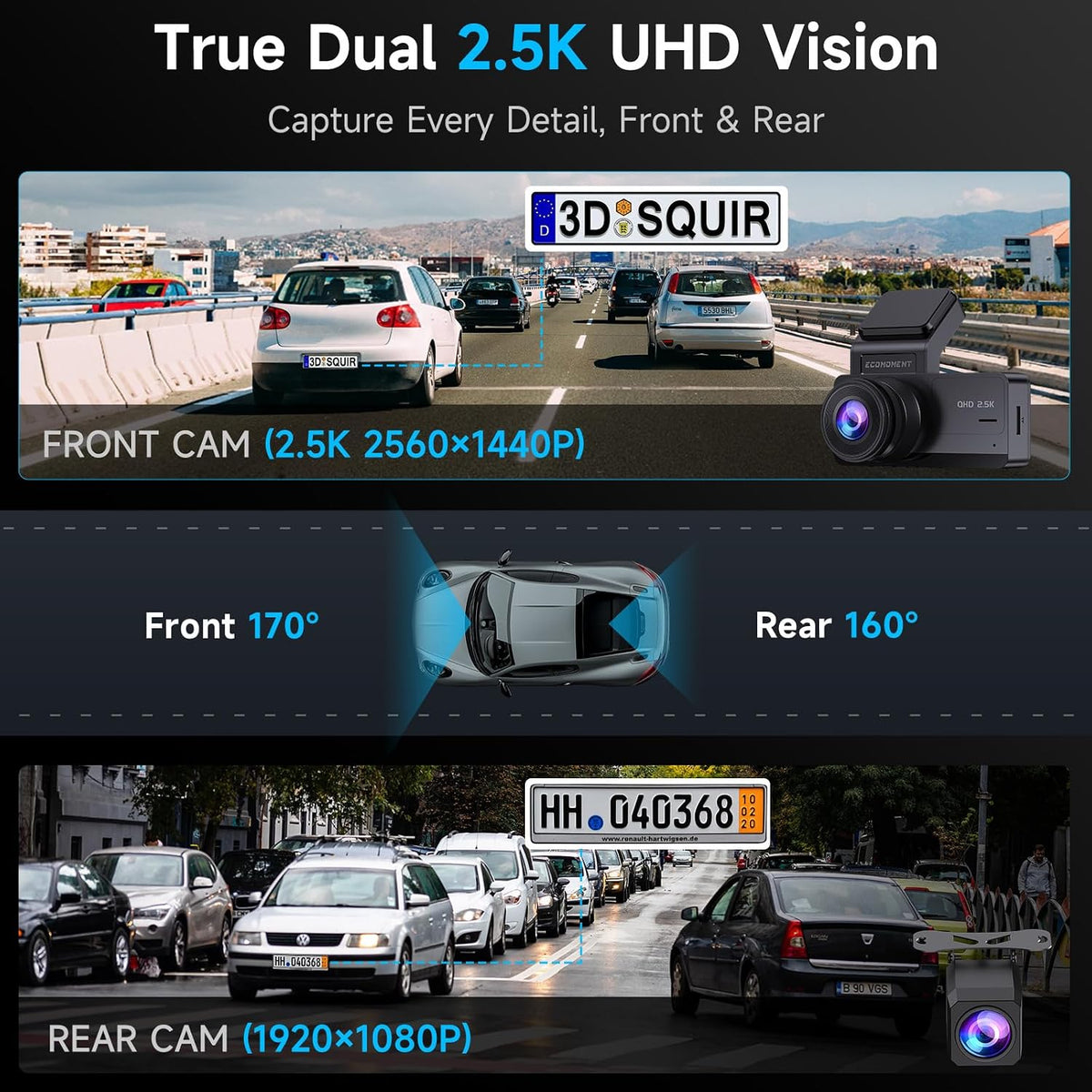 Ecomoment Dash Cam Front and Rear, 2.5K+1080P Car Camera with 32GB Card | WDR Night Vision, G-Sensor, 24H Parking Monitor, 3.16" IPS Screen, 170° Wide Angle, Supports up to 256GB Card